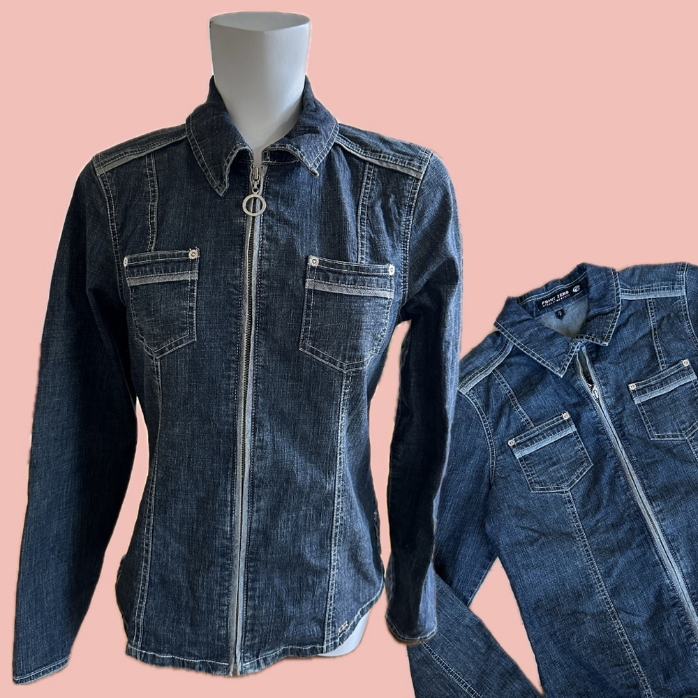 Vintage Point Zero Denim Zip-Up Shirt Jacket – Dark Wash Fitted Y2K